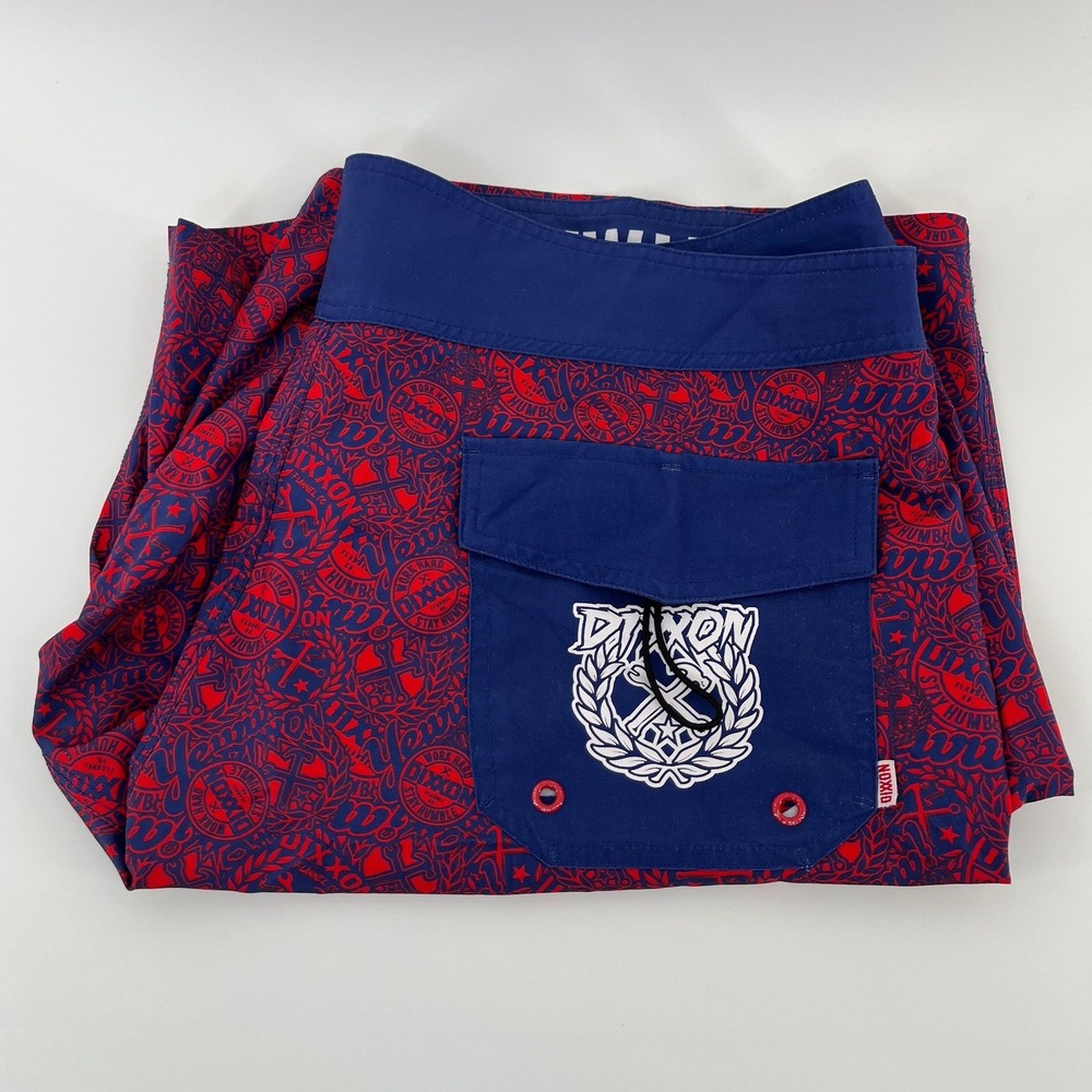 Dixxon Flannel Co Board Shorts Mens 38 Red Blue Logo Print Swim Trunks YEWWW